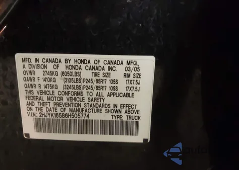 2006 Honda Ridgeline Rtl из США, поврежденный, VIN 2HJYK16586H505774